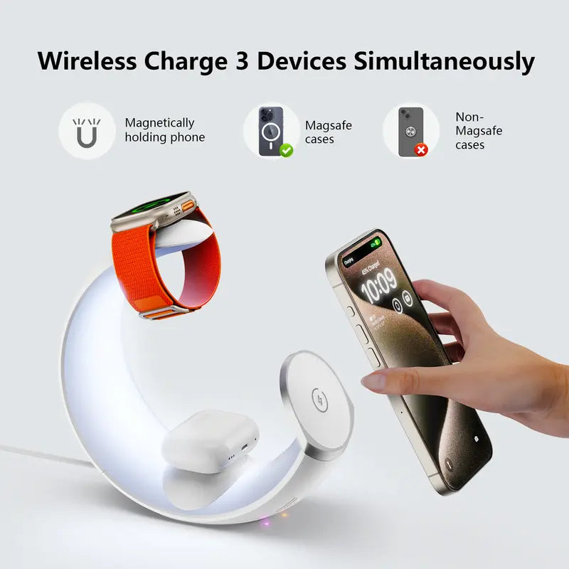 4 in 1 Mag-Safe Wireless Charging Station, RGB Night Light Lamp, 15W Fast Magnetic Wireless Charger for Multiple Apple Devices,For Iphone 12 13 14 15 Pro Max/Plus/Pro, for Apple Watch S2 to S9, Ultra 1/2, SE 2/3, for Airpods 2/3, Airpods Pro 1/2