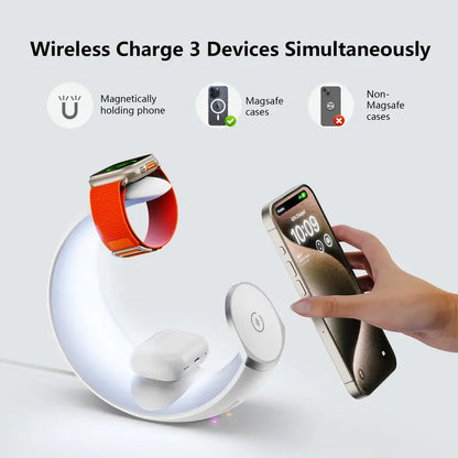 4 in 1 Mag-Safe Wireless Charging Station, RGB Night Light Lamp, 15W Fast Magnetic Wireless Charger for Multiple Apple Devices,For Iphone 12 13 14 15 Pro Max/Plus/Pro, for Apple Watch S2 to S9, Ultra 1/2, SE 2/3, for Airpods 2/3, Airpods Pro 1/2