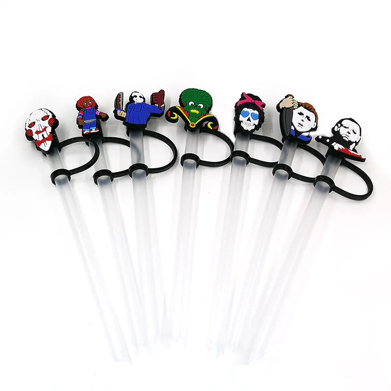 1PCS PVC New Straw Tips Horror Movie Silicone Straw Toppers Airtight Drinking Dust Cap Splash Proof Drinking Straw Cap Halloween