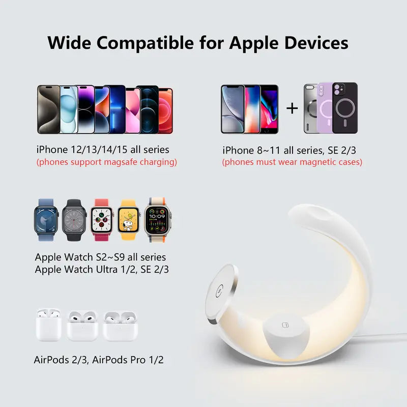 4 in 1 Mag-Safe Wireless Charging Station, RGB Night Light Lamp, 15W Fast Magnetic Wireless Charger for Multiple Apple Devices,For Iphone 12 13 14 15 Pro Max/Plus/Pro, for Apple Watch S2 to S9, Ultra 1/2, SE 2/3, for Airpods 2/3, Airpods Pro 1/2
