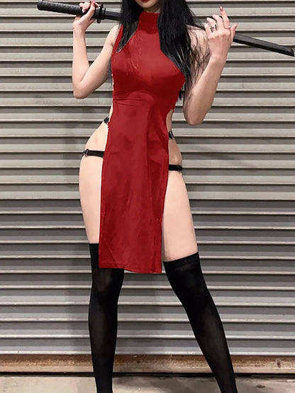 Cosplay High Split Side Sexy Sleeveless Dresses Gothic High Waist Y2K Slim Women Dress Harajuku Summer Night Clubwear