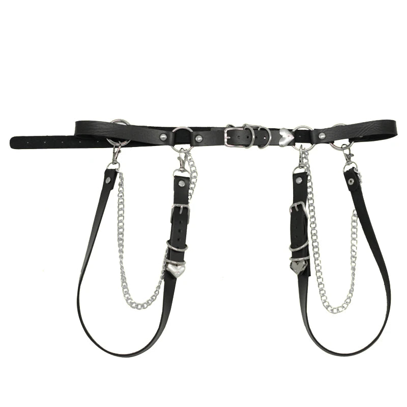 Fashion Leather Belt with Metal Chain Women Goth Sexy Garter Stocking Belt Leg Harness Strap Punk Heart Buckle Waist Belt Jeans