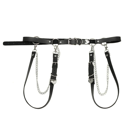 Fashion Leather Belt with Metal Chain Women Goth Sexy Garter Stocking Belt Leg Harness Strap Punk Heart Buckle Waist Belt Jeans
