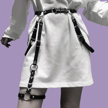 Fashion Leather Belt with Metal Chain Women Goth Sexy Garter Stocking Belt Leg Harness Strap Punk Heart Buckle Waist Belt Jeans