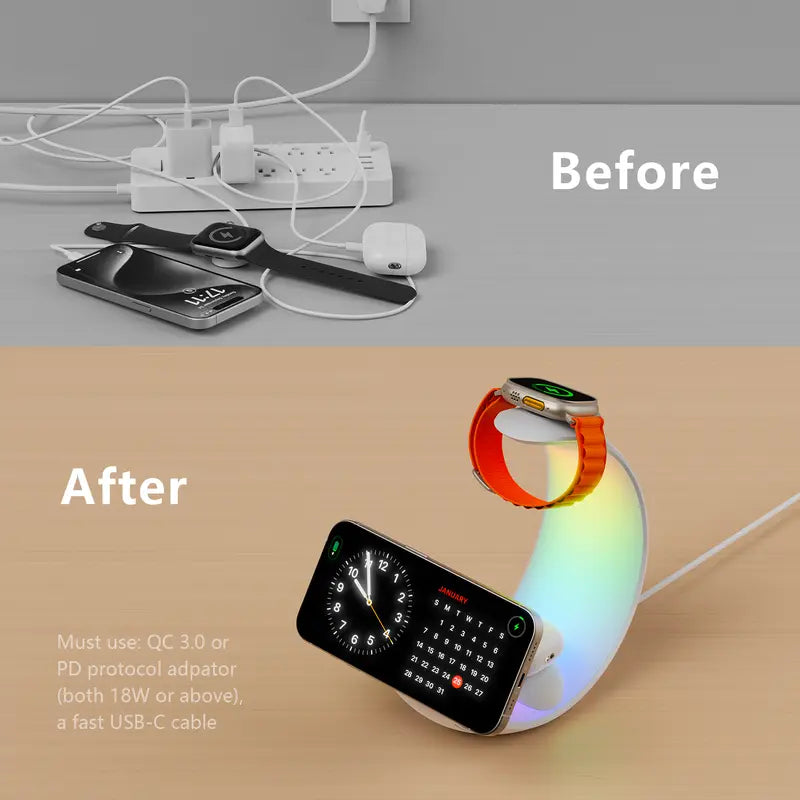 4 in 1 Mag-Safe Wireless Charging Station, RGB Night Light Lamp, 15W Fast Magnetic Wireless Charger for Multiple Apple Devices,For Iphone 12 13 14 15 Pro Max/Plus/Pro, for Apple Watch S2 to S9, Ultra 1/2, SE 2/3, for Airpods 2/3, Airpods Pro 1/2