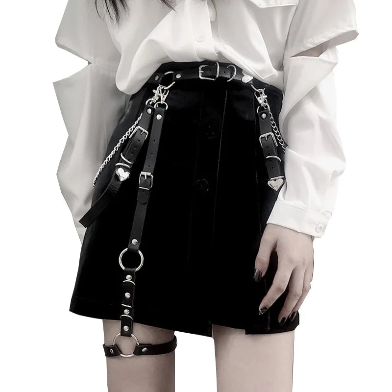 Fashion Leather Belt with Metal Chain Women Goth Sexy Garter Stocking Belt Leg Harness Strap Punk Heart Buckle Waist Belt Jeans