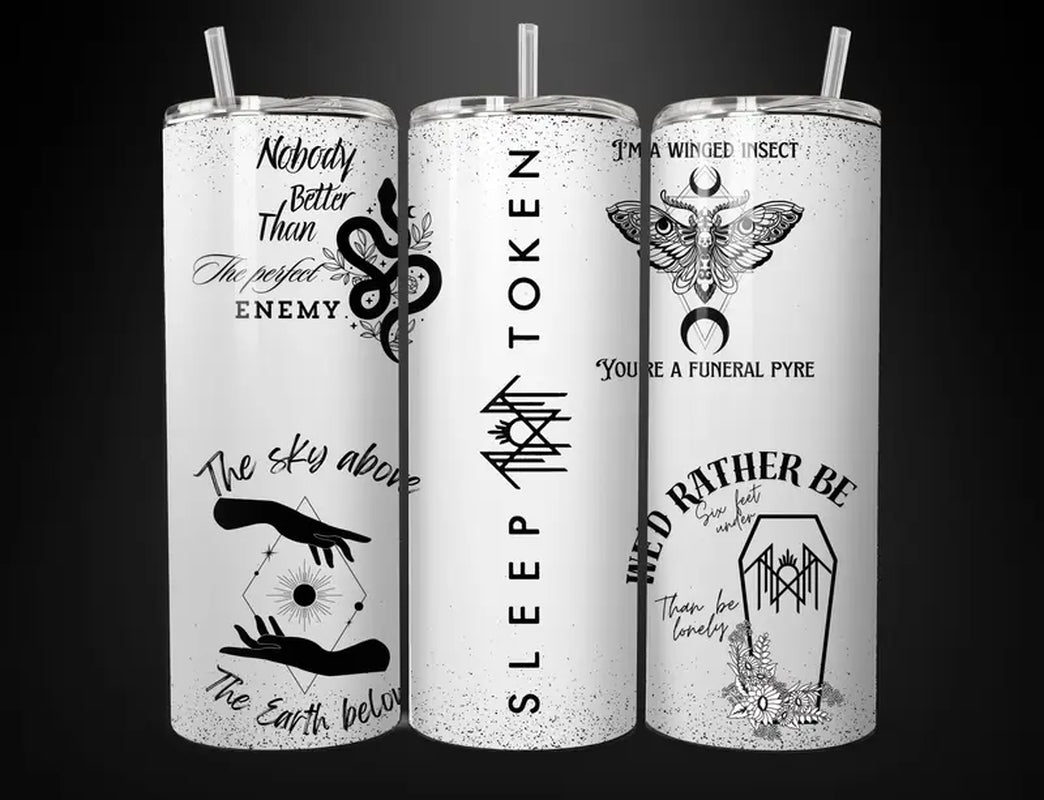 Sleep Token White Stainless Steel Tumbler with Lid and Straw, 20Oz Size
