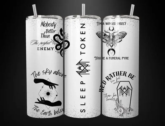 Sleep Token White Stainless Steel Tumbler with Lid and Straw, 20Oz Size