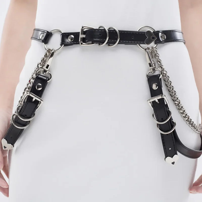 Fashion Leather Belt with Metal Chain Women Goth Sexy Garter Stocking Belt Leg Harness Strap Punk Heart Buckle Waist Belt Jeans