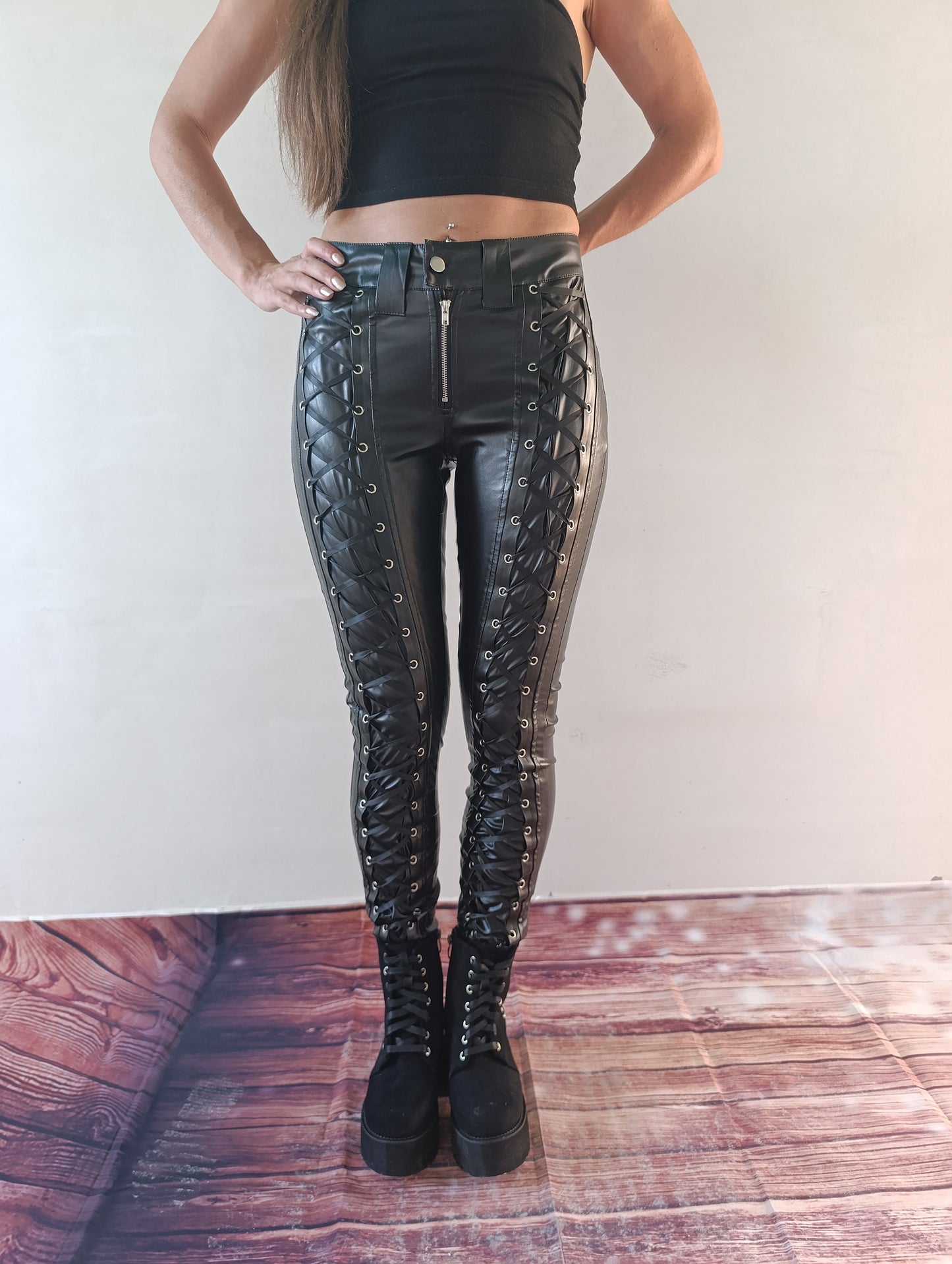 Gothic Pants Women Black Faux Leather Pants Lace up Pants Goth Leggings Steampunk Clothing