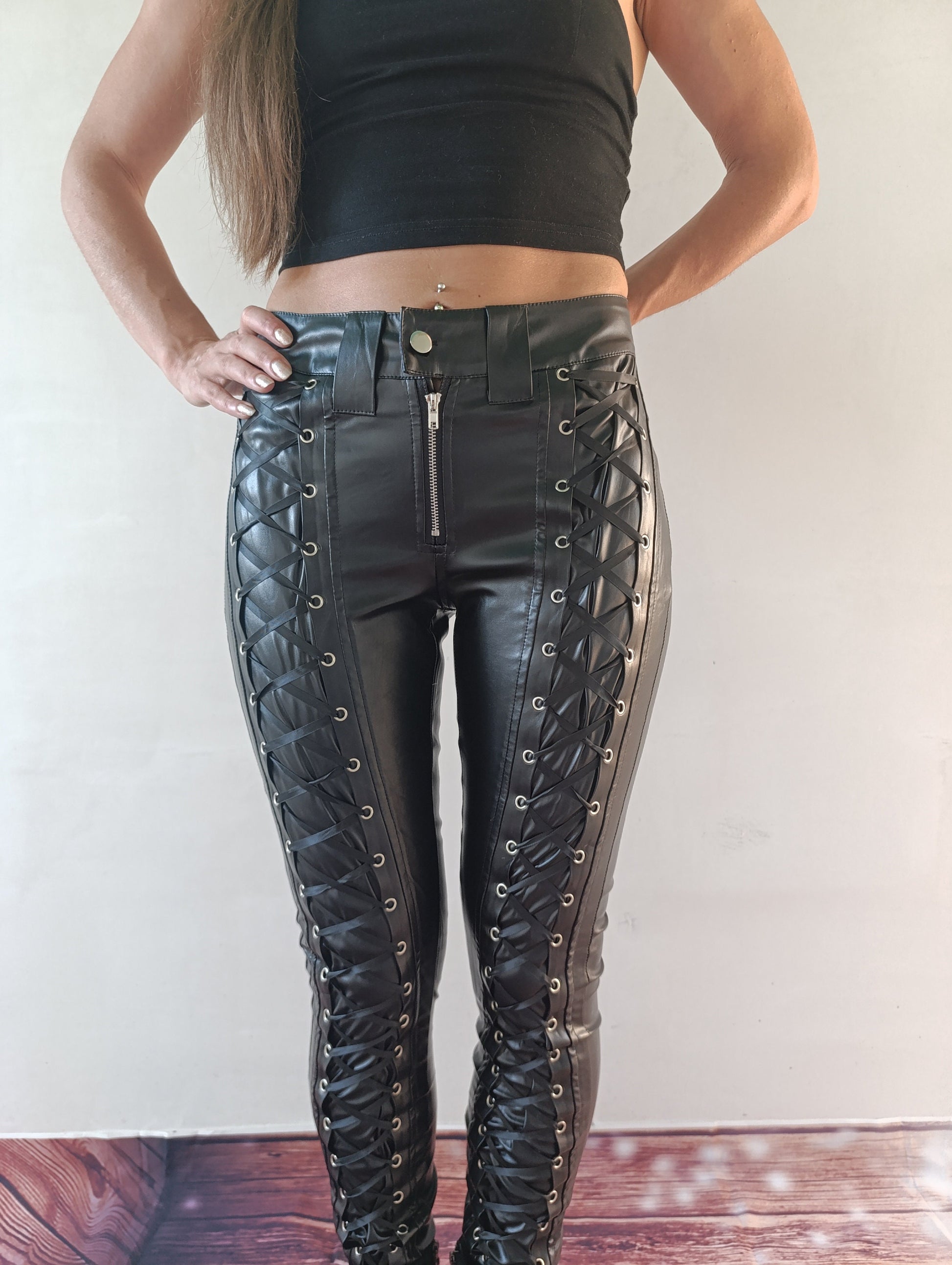 Gothic Pants Women Black Faux Leather Pants Lace up Pants Goth Leggings Steampunk Clothing